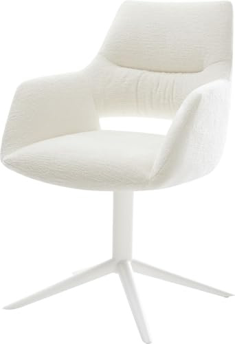Esszimmerstuhl Yago-Flex mit Armlehnen Fußkreuz Weiß Bouclé Soft Beige | 360° drehbar Wippfunktion Taschenfederkern
