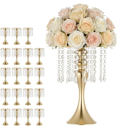 VEVOR Set di Vasi Decorativi per Matrimonio Feste Evento in Metallo 20 pezzi, Vasi Centrotavola di Fiori Altezza 33,5 cm Supporto per Banchetti Decorazioni Interiori, Pendenti in Cristallo, Colore Oro