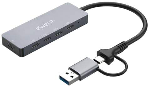 Ewent Hub USB-C 3.2 Gen2 4 en 1 10Gbps, Adaptador Multipuerto con 4 Puertos USB-C, Entrada de Alimentación USB-C 5V, Compatible con Laptop Tablet MacBook y Smartphone, Windows, Mac y Linux