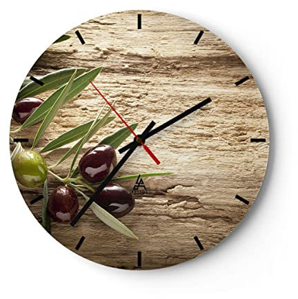 Modern Wanduhr Oliv Italien Aroma diät 30x30cm Rund Klein Wand Uhr Glas Analog Zimmeruhren Küche Büro Wohnzimmer Glasuhr Wall Clock Dekoration Design Wanddekoration Küchenuhr C3AR30x30-2420