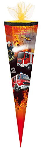 Schultüte mit pinkgefärbter Gravur / Zuckertüte / 85cm / eckig / Feuerwehr