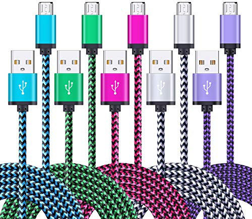 FiveBox Micro USB Charger Cable, 5-Pack 6ft Micro USB Cable Cord Braided Fast Charging Phone Charger for Samsung Galaxy J3 J7 S6 S7 Edge, Tablet, LG stylo 2/3 LG G3 G4 K30 K20 Plus, Kindle Fire 7 8 10