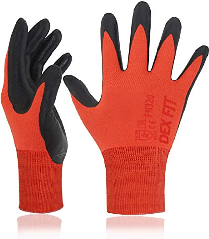 DEX FIT Nitrile Work Gloves FN320, 3D Comfort Stretch Fit, Power Grip, Durable Foam Coated, Thin & Lightweight Premium Nylon, Machine Washable, Red 11 (XXL) 3 Pairs