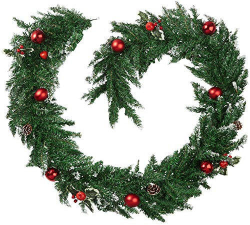 tectake 403315 Weihnachtsgirlande mit Kugeln, Beeren und Tannenzapfen, detailliert und naturgetreu, Schlaufe zum Aufhängen, 270 cm, grün