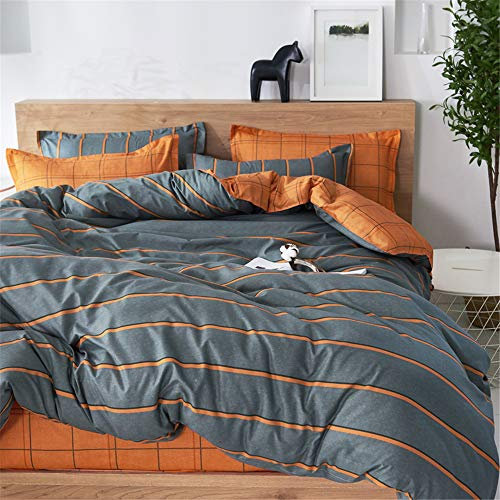Treer Bettwäsche 150x200 cm 3 Teilig Mikrofaser, Bettwäsche-Sets mit 2 Kissenbezug 50x75 cm, Modern Streifen Kariert Bettbezüge, Bettbezug für Einzelbett mit Reißverschluss, Orange/Grau…