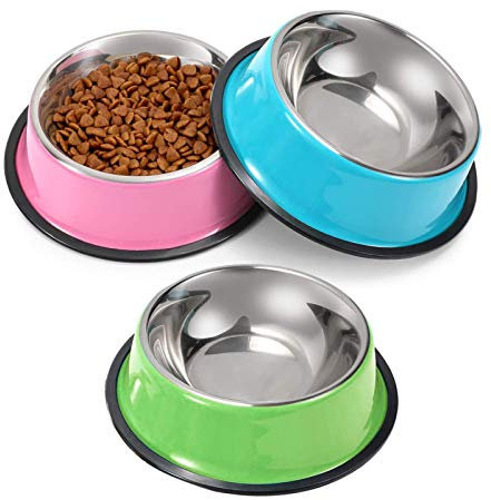 SUOXU Edelstahl rutschfeste Hundenäpfe, Farbe Mehrzweck-Katzenfutternapf Haustier Wassernapf Hund Futternapf Set von 3 Metall Hund Katze Näpfe…
