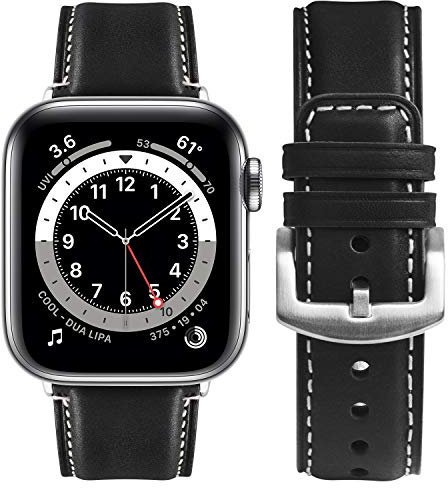 Fullmosa Cinturino per Apple Watch 42mm 44mm 45mm 46mm 49mm, Yola Cinturini in Vera Pelle Compatibile con Apple Watch Serie 10 9 8 7 6 5 4 3 2 1 SE Ultra, Nero + Hardware Argento