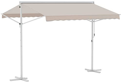 Outsunny Store Double Pente 3 x 3 m Manuel rétractable Inclinaison réglable Acier époxy Blanc Polyester imperméabilisé Anti-UV Beige