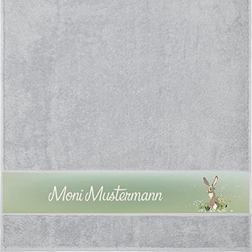 Manutextur Duschtuch mit Namen - personalisiert - Motiv Hase 1 - viele Farben & Motive - Dusch-Handtuch - hellgrau - Größe 70x140 cm - persönliches Geschenk mit Wunsch-Motiv und Wunsch-Name
