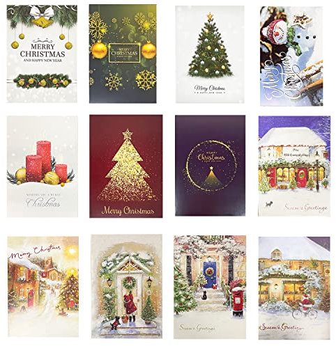 FFTANXS Weihnachtspostkarten, Set 24 pcs blanko + 24pcs Umschläge + 24pcs Aufkleber, Retro Design Klappkarten, DIY Weihnachten Gift Card Danke Karte Mit Exklusive Frühlingszwiebelpulver