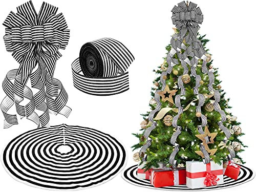 Weihnachtsbaum Deko Set Enthalten Weihnachtsbaum Topper Schleife, Dekorative Schwarz Weiß Streifen Band, Weihnachtsbaum Rock mit Jahresring für Weihnachten, Kranz Handwerk Deko (, 47 Zoll)