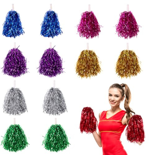 STOBOK 14Pcs Cheerleading PomPoms, Metallic Foil Cheerleader Poms | Cheering Squad Pompom with Baton Handle for Kids Adults Team Spirit Sports Day Dance Fancy Dress Party Supplies, Random Color