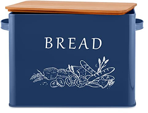 E-far Bread Box for Kitchen Countertop, Metal Bread Storage Container Bin with Bamboo Lid for Cutting Bread, Extra Large & Farmhouse Style, 13” x 7.2” x9.8”, Navy Blue