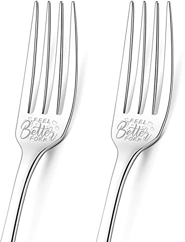 GLOBLELAND 2Pcs Feel Better Dinner Fork Funny Engraved Forks with Gift Box Stainless Steel Cutlery Fork Table Carving Forks Dinner Forks Gift for Family Friends