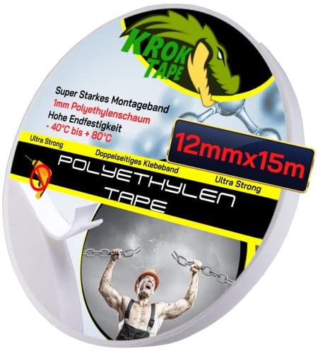 KrokTape Spiegelklebeband Doppelseitig extra stark klebend Montageklebeband Schaumstoff Klebeband weiß (12mm x 1mm - 15m)
