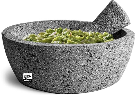 Juego de mortero y pilón mexicano hecho a mano de 8 pulgadas, base plana, Molcajete Mexicano, utensilios de cocina mexicanos perfectos como cuenco y triturador de guacamole, mortero para cocina hecho