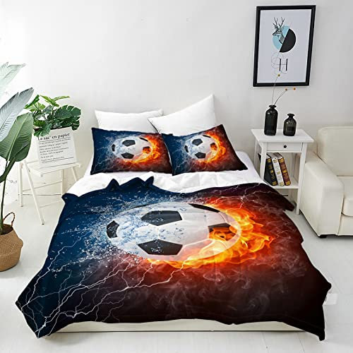 ANHOPE Sport Thema Flammen Fußball Bettwäsche Set Microfaser Bettbezüge mit Reißverschluss 3 Teilig Bettbezug 230x220 cm + 2 Kissenbezug 50x70 cm Weich Bettdeckenbezug Set für Kinder Jungen Mädchen