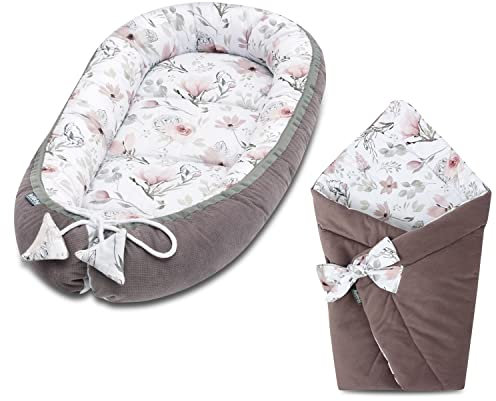 Bellochi Set 2in1 Babynest und Einschlagdecke, Baby Nestchen Set, Babynestchen - Baby Erstausstattung Babynestchen Neugeborene, Baby nestchen Junge - mädchen 100% Baumwolle - Choco Fantasy