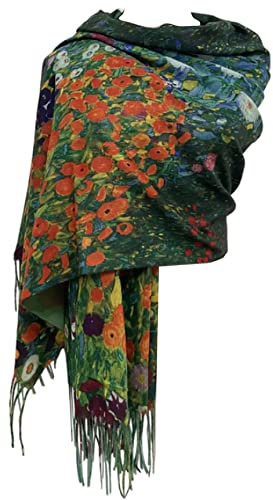 GFM® Sciarpa scialle in misto lana e cashmere, stampa artistica per autunno e inverno (PWSHL), Giardino fiorito di Pwshl-klimt, L