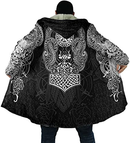 Veste extérieure coupe-vent Mjölnir 3D pour hommes Manteau coupe-vent à capuche mi-long en laine d'agneau et coton Viking Tattoo Poncho cape de sport décontracté pour l'hiver (Color : Vegvisir, Size