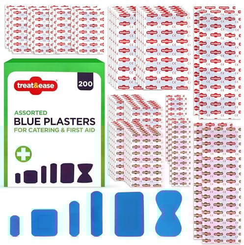 SOL 200pk Assorted Blue Plasters for Catering and First Aid - Strong Adhesion Detectable Plasters - Waterproof, Assorted Sizes, Protects Cuts from Dirt - Ideal for Kitchens, Food Prep, and Safety Kit