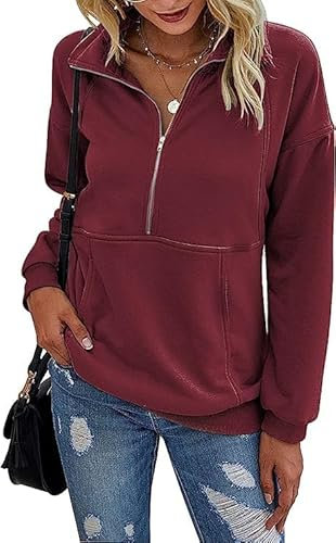 Ranphee Weinrot Pullover für Damen Baumwolle Modische Winter Langarm V Ausschnitt Thermo Bekleidung Herbst Sweatshirt Troyer Leichter Damenpullover