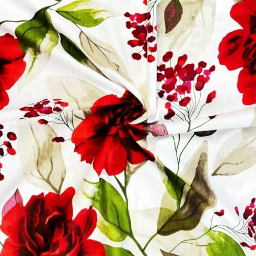 Textrend Meterware Stoffe Baumwolle - Nähen - 100% Baumwolle Stroff - Modische Muster Blumen und Büsche -Handwerk (Große rote Rosen auf weißem Hintergrund)