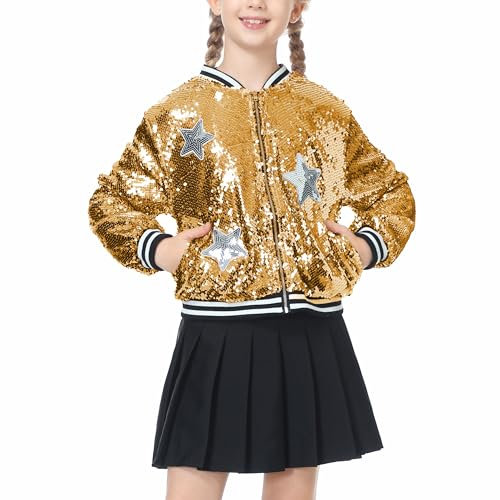 LOLANTA Mädchen Pailletten Bomberjacke mit Reißverschlusstaschen Langarm Glitzer Baseball Jacken für Kinder, Gold, 8-9 Jahre, 140