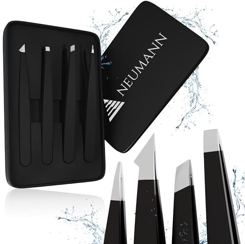NEUMANN® Pinzetten-Set (rostfreier Edelstahl) zum entfernen von Augenbrauen und Haaren - Schrägpinzette, Spitzpinzette & mehr - Inkl. Aufbewahrungsbox [Schwarz]