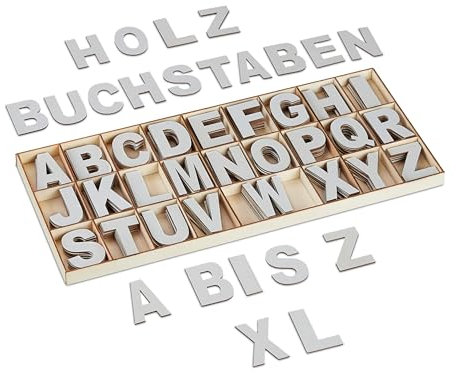 Relaxdays Holzbuchstaben Set, 208-tlg., Großbuchstaben A-Z, Deko-Buchstaben zum Basteln & Bemalen, mit Box, grau