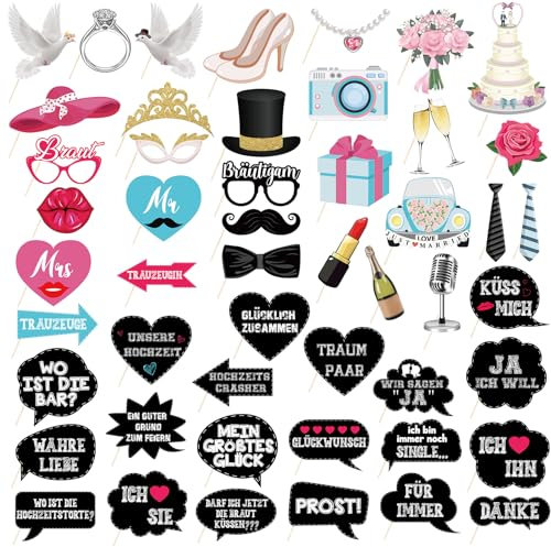 Lemicin Fotobox Accessoires: 50 Stück Hochzeit Fotoautomat Requisiten Deutsch Sprüche Photo Booth Partybrillen Hut Krawatte für JGA Partydeko Hochzeitsbilder