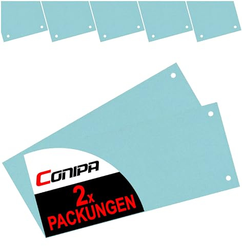 Conipa® - 200 Stück Trennstreifen für Ordner DIN A4 Blau (MADE IN GERMANY) gelocht - Trennblätter aus RECYCELTEN KARTON (240x105mm) - Trennlaschen & Trenner zur Unterteilung schmal - Abtrennen Pappe
