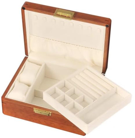 Bescott Schmuckkästchen aus massivem Holz mit Schloss und Schlüssel, 2-lagig, für Damen und Herren, Vintage-Samtholz, Schmuck-Organizer, Aufbewahrung für Ohrringe, Ringe, Halsketten, Armbänder, Uhren
