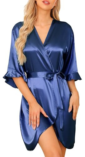 Wikoan Bademantel Damen Morgenmantel Kimono Satin Bademäntel Frauen Sexy Kurz Kimono Robe mit Gürtel Volant für Braut Hellblau M