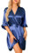 Wikoan Bademantel Damen Morgenmantel Kimono Satin Bademäntel Frauen Sexy Kurz Kimono Robe mit Gürtel Volant für Braut Hellblau M