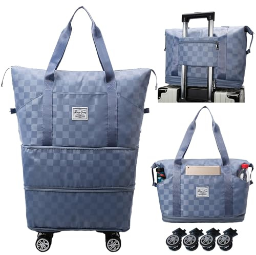 Travel Bag with Wheels,Expandable 55L Duffel Bags for Women,Foldable Rolling Duffle Bag with Wheels,Carry on Luggage,Gift for Men Women Suitcases(Blue)