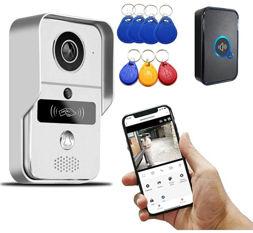 Tuya Smart Life Sonnette vidéo avec Sonnette, sans Fil WiFi, RJ45 1080P Vision Nocturne Interphone Surveillance de sécurité Interphone vidéo Système de contrôle d'accès téléphonique, Argent