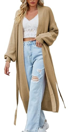 LZPCarra Damen Strickjacke Langarm Cardigan Mit Kapuzen Lange Mantel - Sweater Jacke Damen Ohne Kapuze, Casual Cardigans Einfarbige Übergangsjacke Mit Gürtel Lässig Strickmantel Übergangsjacke