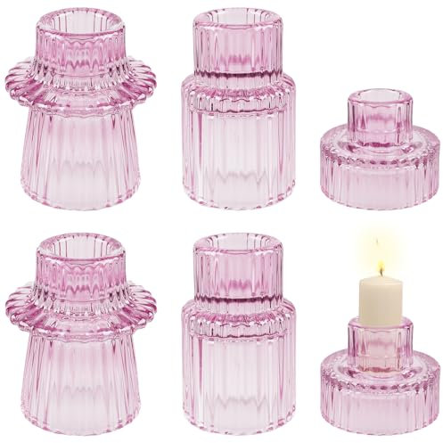 6 Stück Kerzenständer Glas, Gerippt Kerzenständer Aus Glas, Kerzenleuchter Für Stabkerzen Und Teelichter, 2 in 1 Kerzenständer Glas, Teelichtgläser Für Hochzeit, Geburtstag, Party, Weihnachten (Rosa)