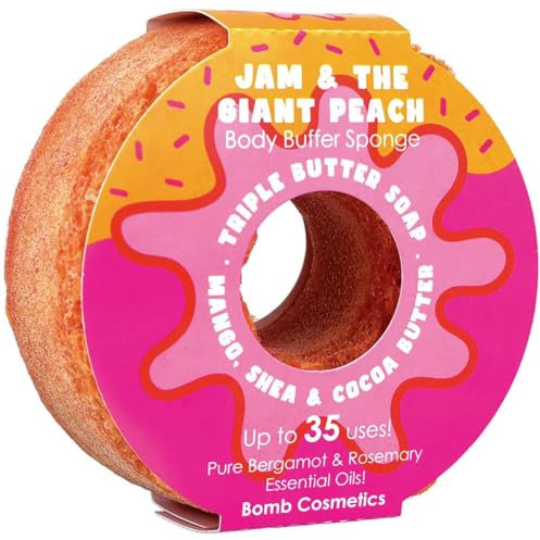 Bomb Cosmetics Body Buffer Soap Infused Sponge 2 in 1 Cleanse Peeling Moisturizing Triple Butter Soap Sponge with Soap Inside Jam & The Giant Peach