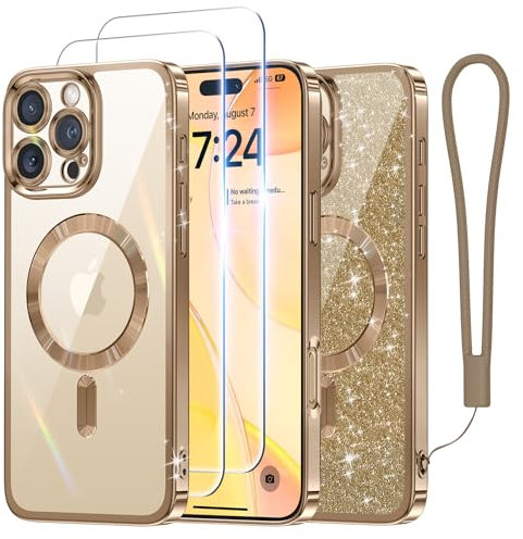 Meifigno Case Designed for iPhone 16 Pro, [Compatible with MagSafe] [2X Screen Protectors] [Glitter Card & Wrist Strap] Full Camera Protection Designed for iPhone 16 Pro Case, Desert Titanium