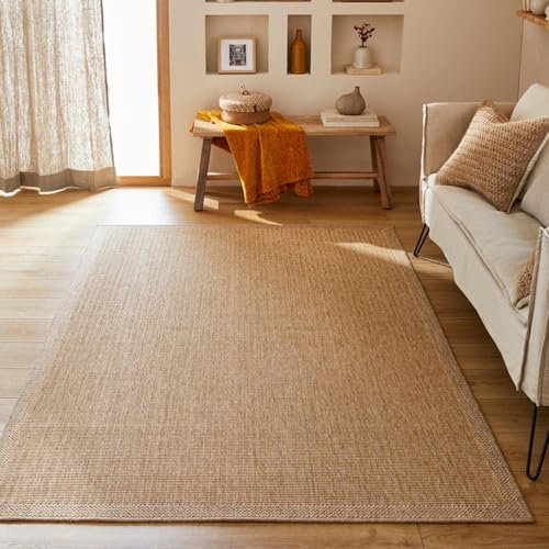 Teppich Jute-Optik In-& Outdoor - Beige, Gelb - 60x90 cm - Gestreift - Teppiche Wetterfest für Balkon, Terrasse - Innenbereich Flur, Küche, Wohnzimmer