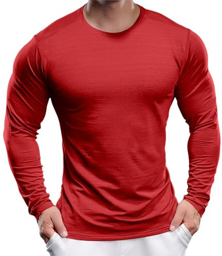 Men's UPF 30+ Sun Protection Shirts Performance Long Sleeve T-Shirt Moisture Wicking Shirt for Running Workout Red-05 M