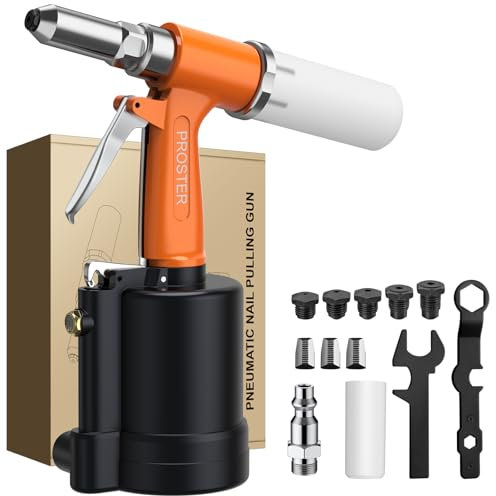 Proster Remachadora Neumática para Remaches de 2,4 mm, 3,2 mm, 4,0 mm, 4,8 mm, 6,4 mm con 5 Boquillas y Kit de Remachadora de Aire 1780KGF Ideal para Hogar, Decoración, Industrial, Reparación