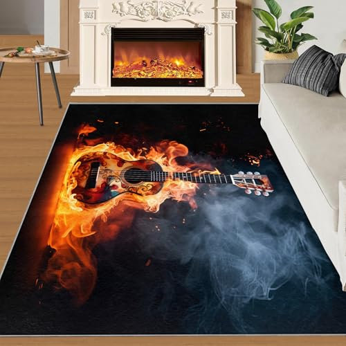 XEODIAT Burning Guitar Area Rug Guitar Flames Washable Floor Carpet, Soft and Plush Mats for Living Room Bedroom 60 x 90 cm