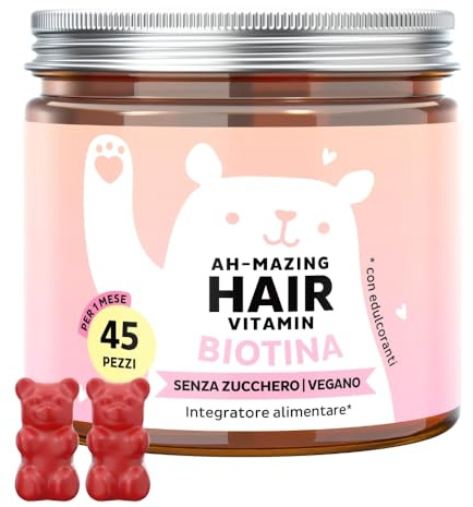 Caramelle Gommose Biotina Ah-mazing Hair – Vitamine per Capelli, Pelle e Unghie – Biotina (B7), Zinco, Vitamine B6, B9, C, E – 45 Pezzi, Vegane, Senza Zucchero, Bears with Benefits