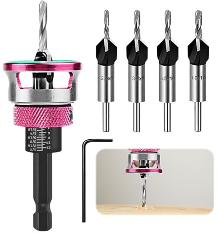 Set di punte per svasatura conica, 5 pezzi, punte per trapano con svasatore, con gambo esagonale da 1/4, fori precisi, per officina, lavorazione del legno