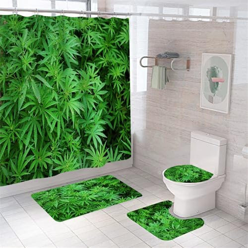 Badezimmerteppich Grüne Blätter Badteppich rutschfest Waschbar Badgarnitur 3 Teilig – Badematte Set Mit Wc-Vorleger Und Badematte,Teppich Badezimmer Für Sicherheit Und Komfort Im Bad 50×80Cm