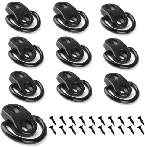 10 Pack Tie Down Anchor, Black D-Ring Stainless Iron Tie Down Hooks with Screws, Lashing Rings Trailer Anchors Accessories for Load Securing Truck Boat Cars Kayak Trailer Motorcycles