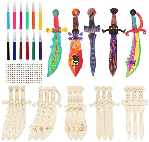 15 Stück Piratenschwerter aus Holz, Holzschwerter zum Bemalen mit 12 Aquarellstiften und Diamant-Aufkleber, 5 Typen Piratenschwert Kinder, Piraten Schwert für Kindergeburtstage oder Piratenpartys